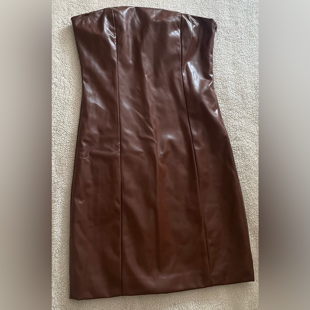 Pretty Garbage Brown Faux Leather Tube Mini Dress